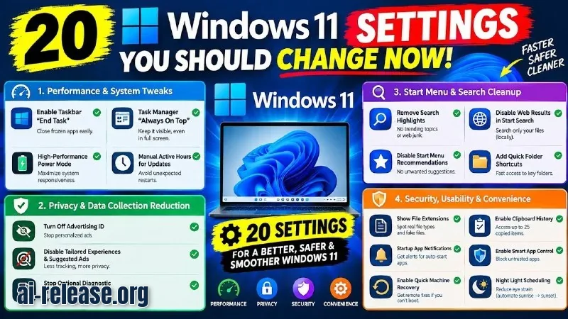 В ролике — 20 настроек Windows 11, которые стоит изменить сразу. Поможет ускорить систему и повысить приват